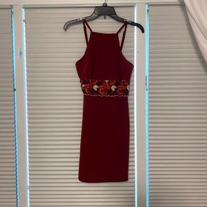Red tight high neck dress